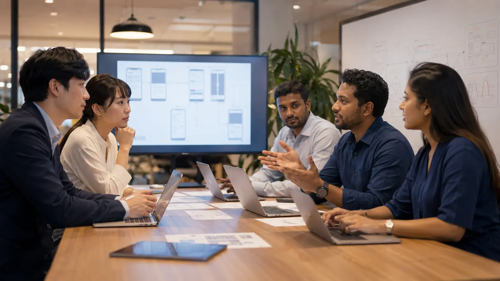 Professional team collaborating in an international office environment